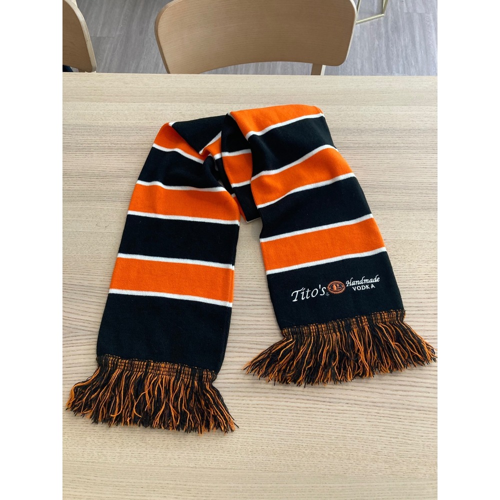 Tito's Handmade Vodka Knit Scarf Black Orange White Striped Fringed Winter Heavy